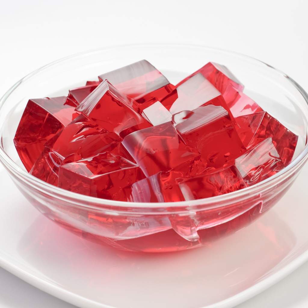 Un bol transparent avec des carrés de gelée rouge sur une assiette blanche, le tout sur fond blanc