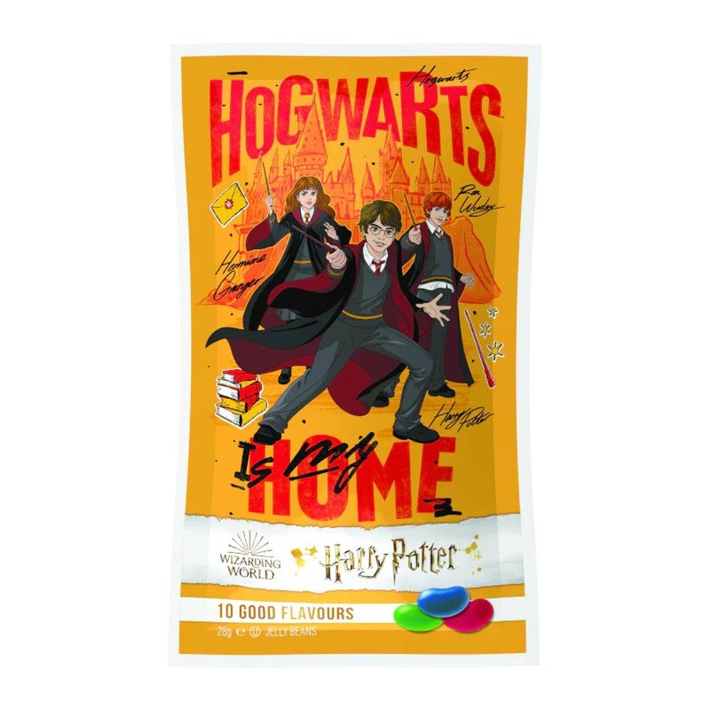 Un emballage orange sur fond blanc avec Hermione, Harry Potter et Ron et leurs baguettes magiques 
