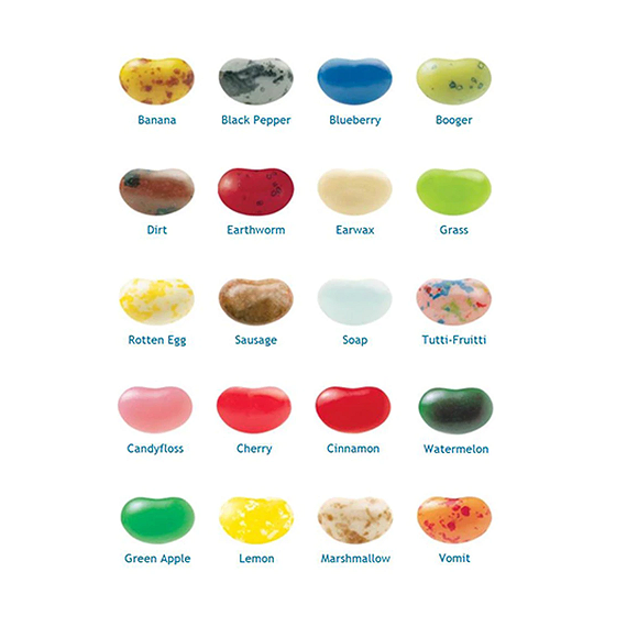 Plusieurs bonbons en forme d’haricots de différentes couleurs avec en-dessous de chacun le nom, le tout sur fond blanc