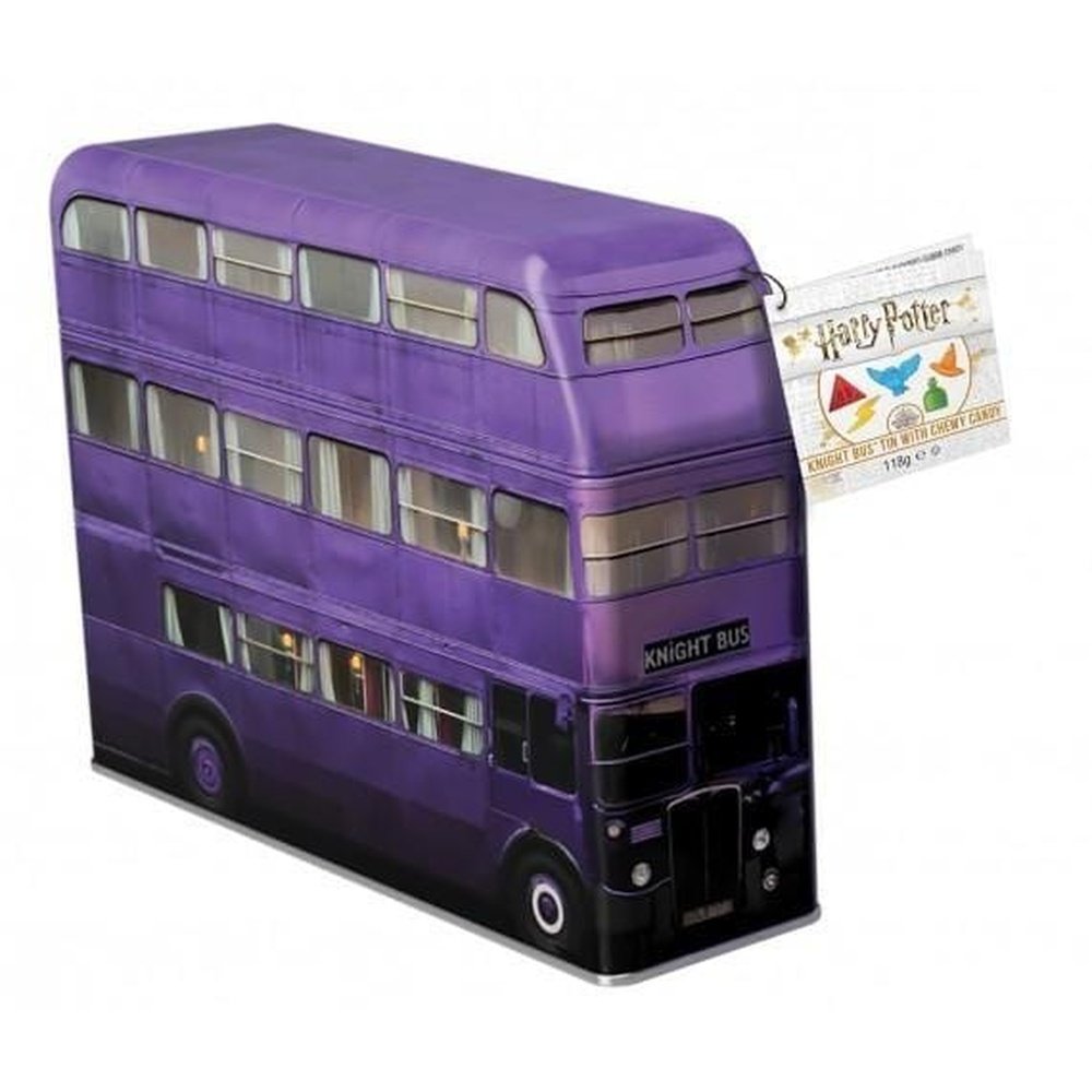 Un emballage en forme de bus mauve et à droite une petite étiquette blanche avec des bonbons colorés, le tout sur fond blanc 