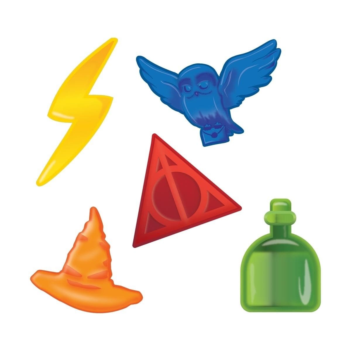 5 bonbons colorés sur fond blanc ; un éclair jaune, un hibou bleu, un choixpeau orange, une fiole verte et un triangle rouge