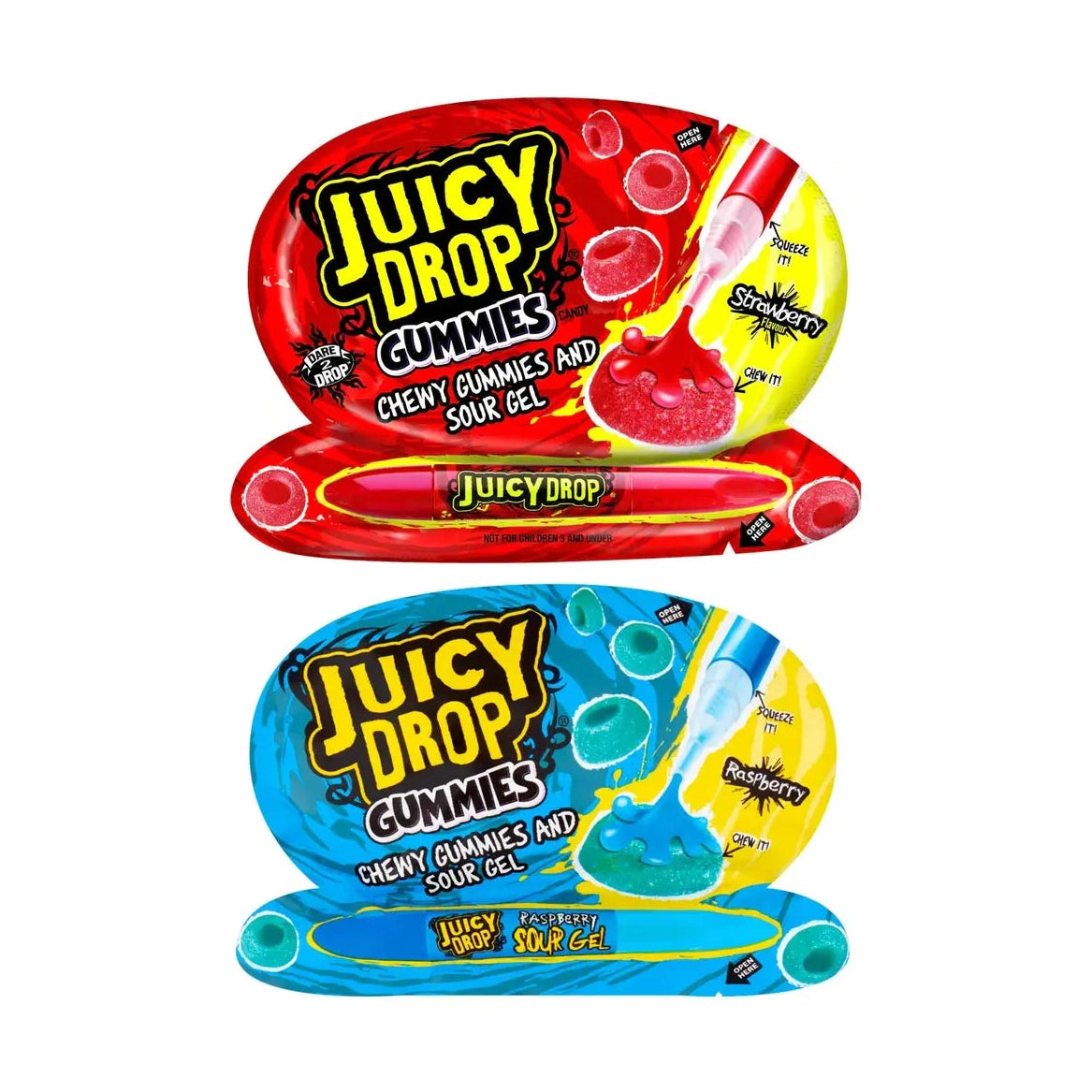 2 emballages sur fond blanc, celui du haut est rouge et celui du bas est bleu. Il y a une partie pour le stylo et un partie avec plusieurs petits bonbons avec du jus qui y sort