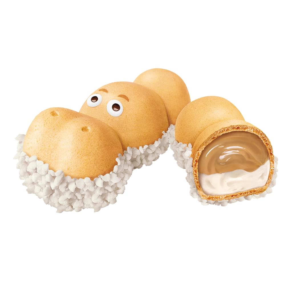 2 biscuits en forme d’hippopotame couché sur fond blanc. L’un 2 est coupé, on y voit une crème mi-beige mi-blanche.