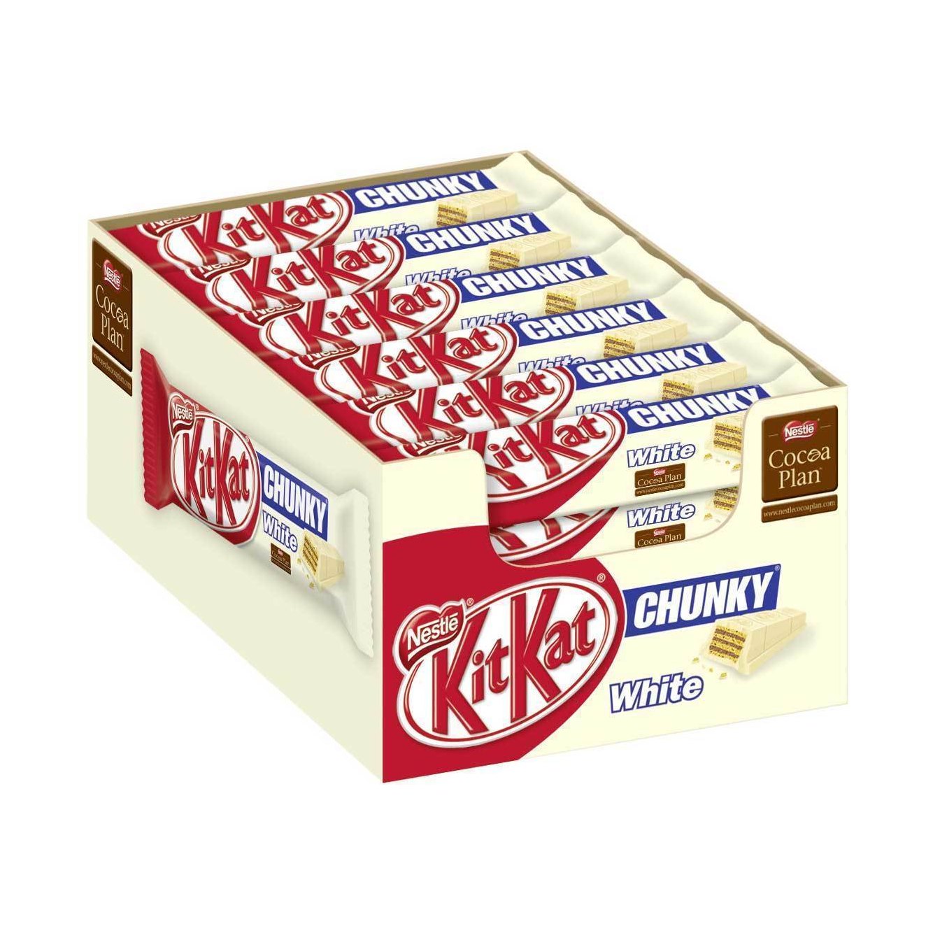 Un paquet en carton rouge et couleur crème, il est rempli d’emballage avec une barre chocolaté enrobée de chocolat blanc. Le tout sur fond blanc