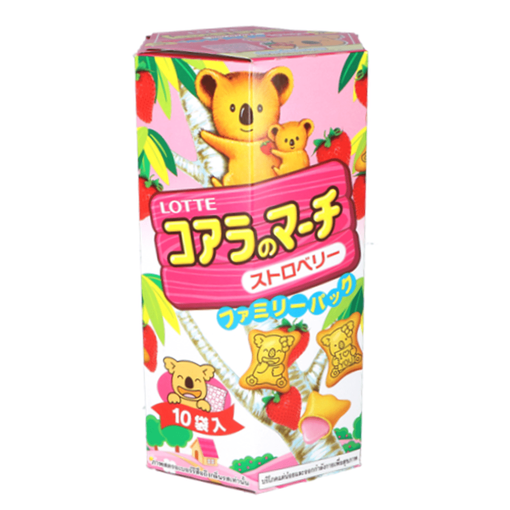 Un emballage rose et blanc sur fond blanc avec plein de koalas jaunes et en bas à droite des biscuits jaunes ouverts avec une crème rose