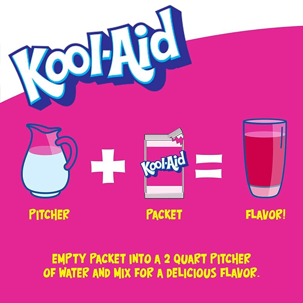 Une affiche blanc au-dessus et roses en-dessous avec une carafe blanche, un paquet de KoolAid et un verre rempli de boisson rouge