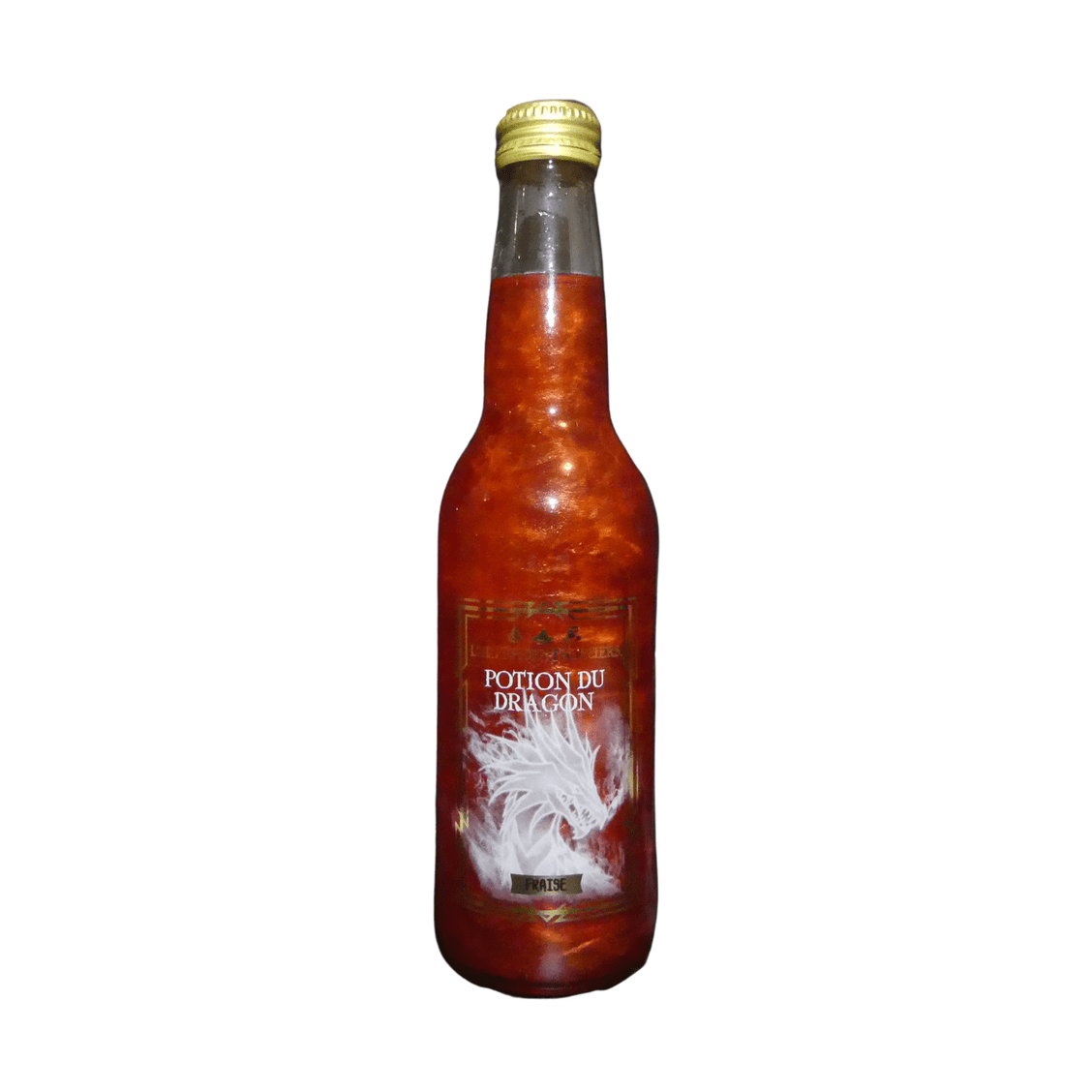 Une bouteille transparente avec une boisson pailletée orange et sur l’étiquette un dragon blanc. Le tout sur fond blanc