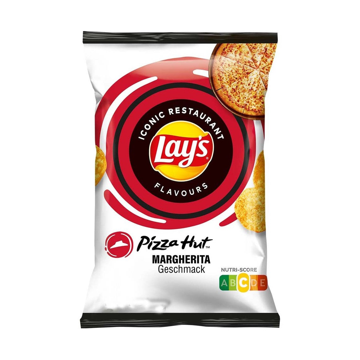 Un paquet blanc aux extrémités noirs avec des chips rondes et en haut à droite une pizza Margarita, le tout sur fond blanc