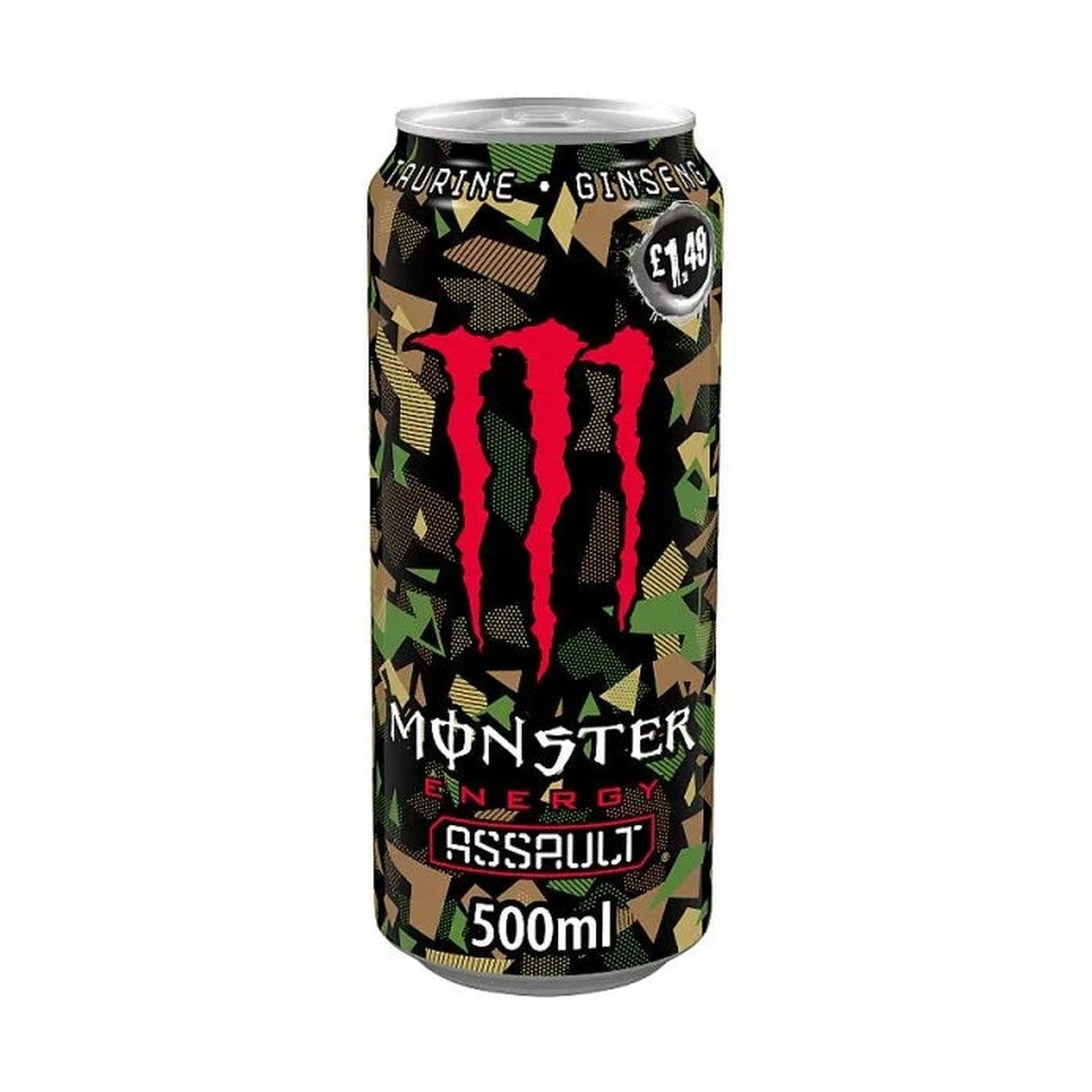 Une canette à motifs militaire kaki avec au centre le logo rouge de Monster, un grand M. Le tout sur fond blanc