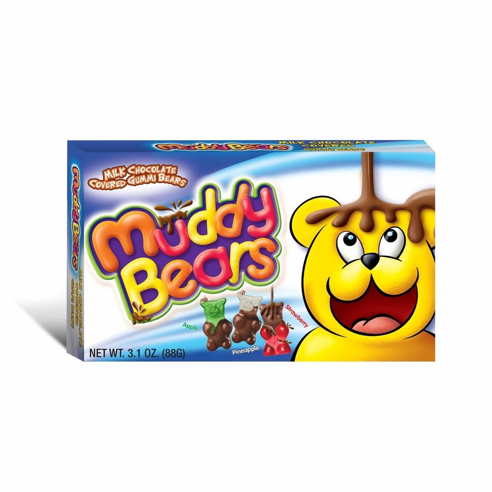 Un emballage bleu sur fond blanc avec à droite un ours jaune qui reçoit du chocolat et à coté 3 petits ours colorés entourés de chocolat