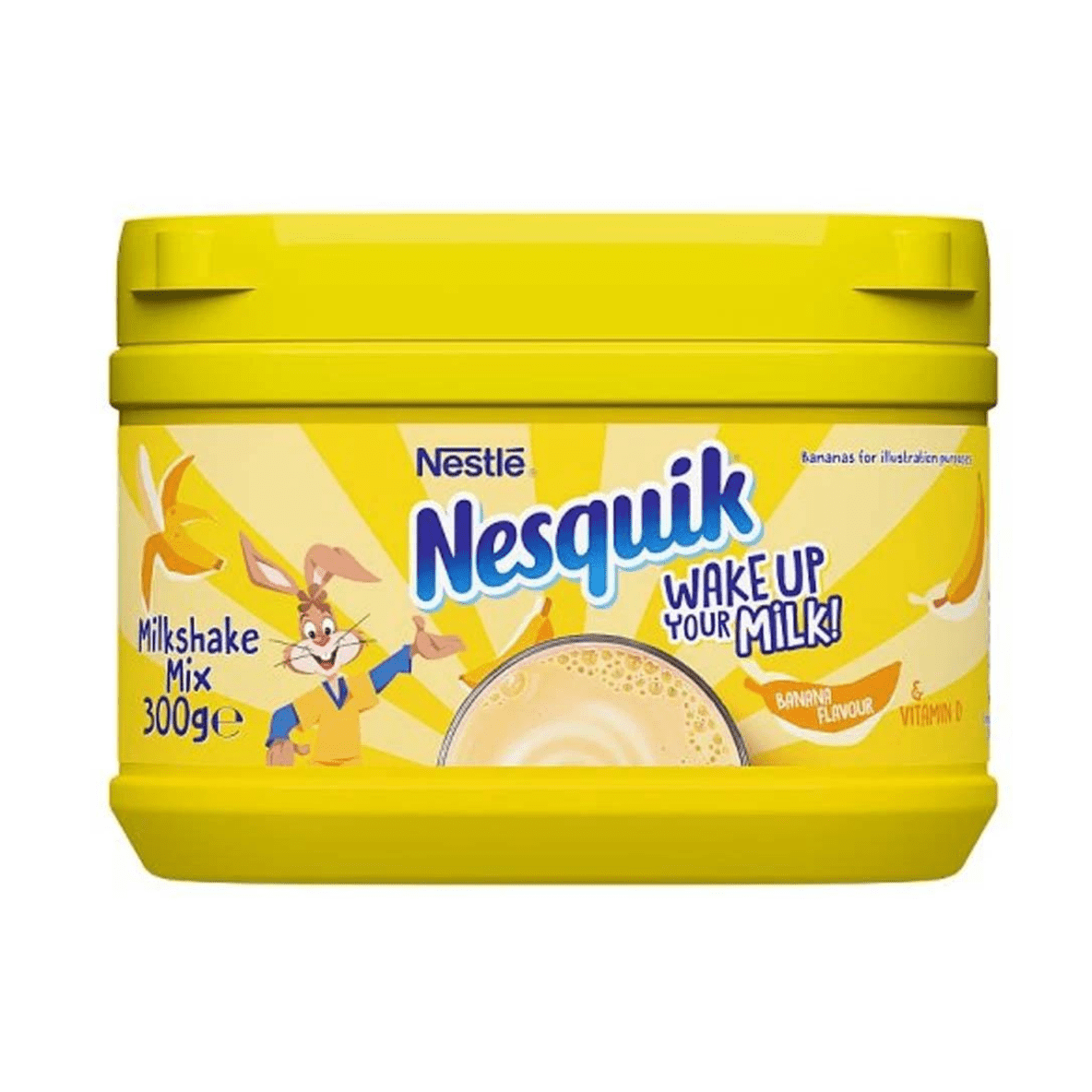 Un emballage jaune sur fond blanc, une étiquette jaune avec des bananes, à gauche un petit lapin en t-shirt jaune et rouge, au centre un verre d’un liquide jaune vu d’en haut 