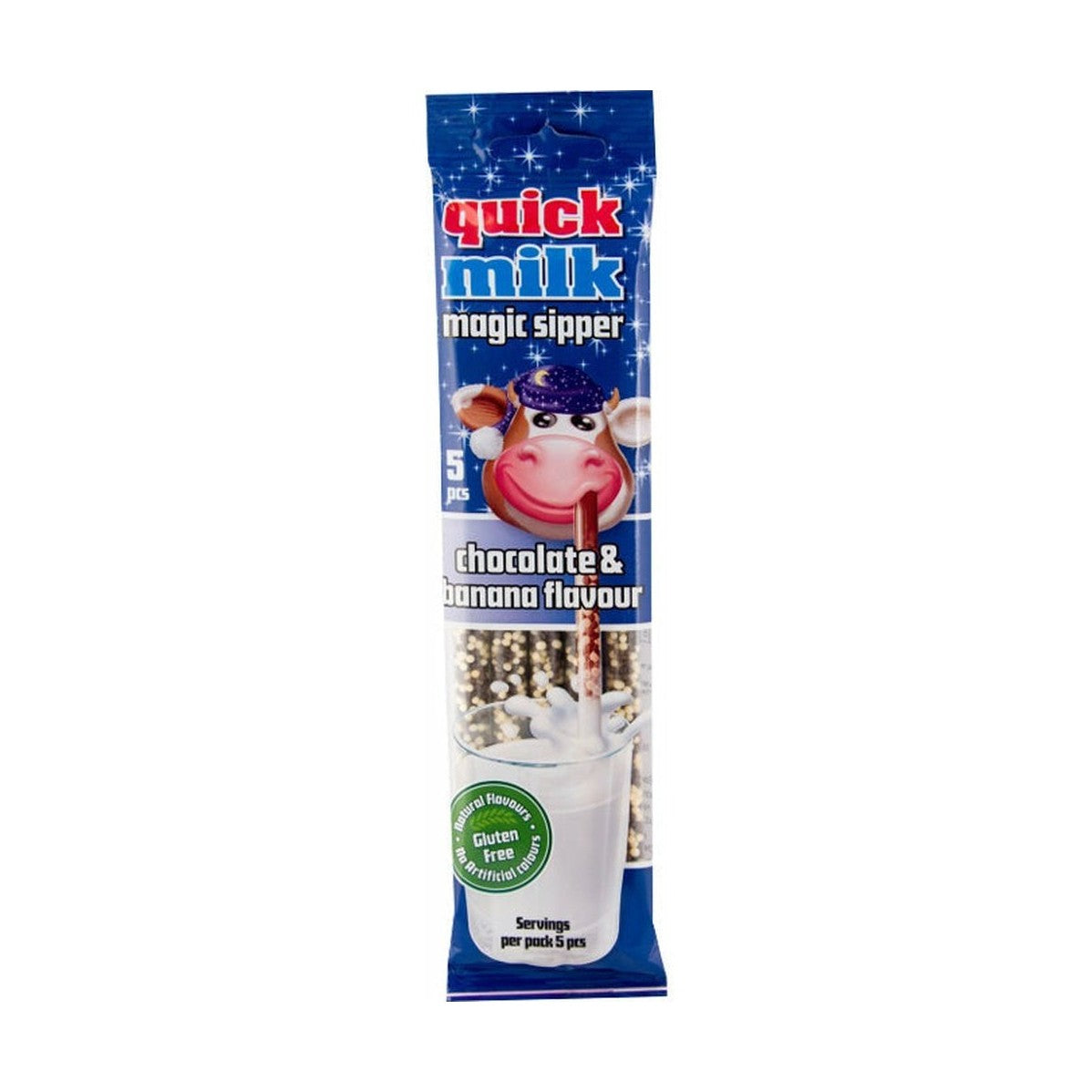Un emballage rectangulaire bleu avec des étoiles sur fond blanc avec une vache qui une paille dans la bouche. Cette paille à des billes brunes et blanches et est dans un verre de lait 