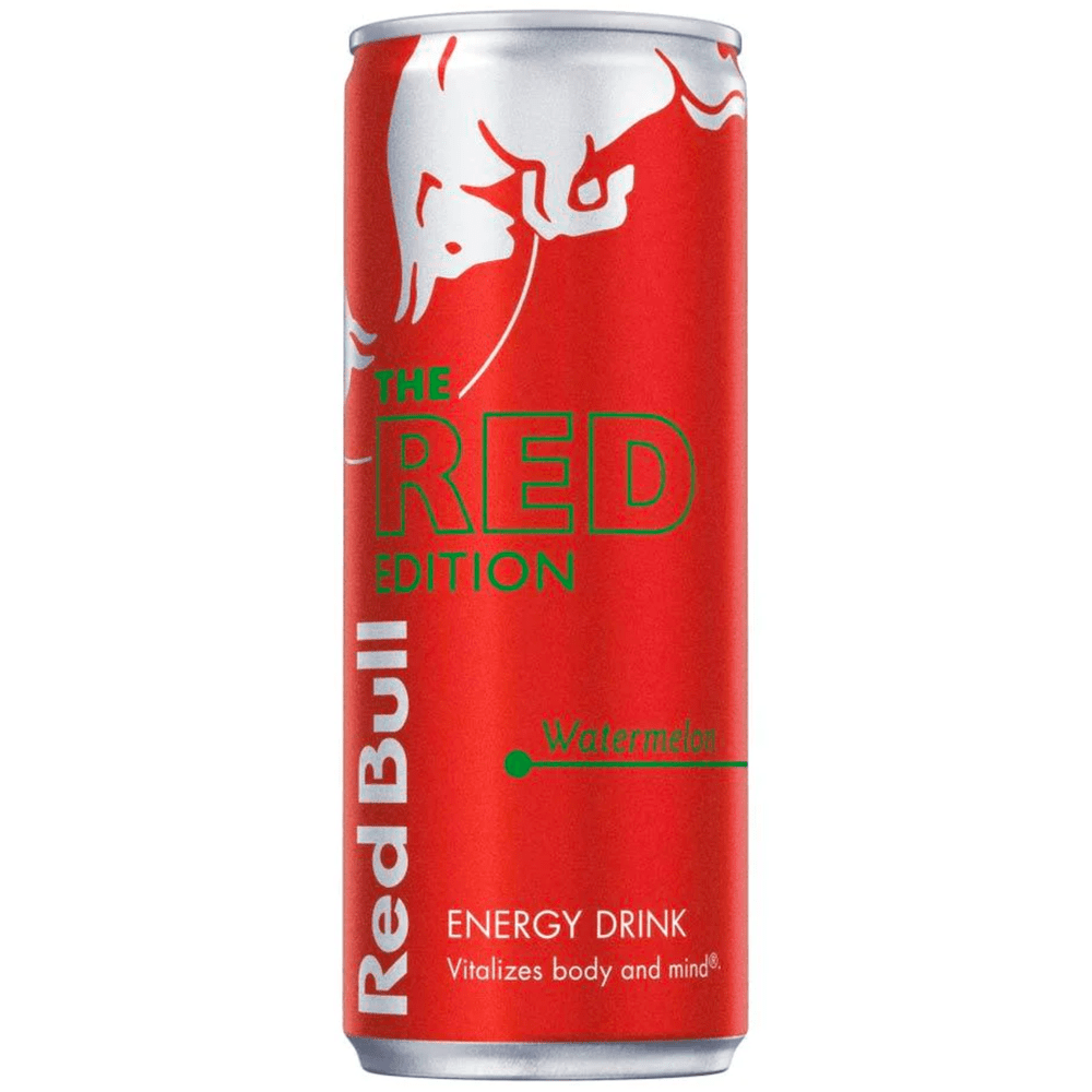 Une longue canette rouge avec au-dessus un taureau gris argenté et en-dessous il est écrit « The Red Edition », le tout sur fond blanc