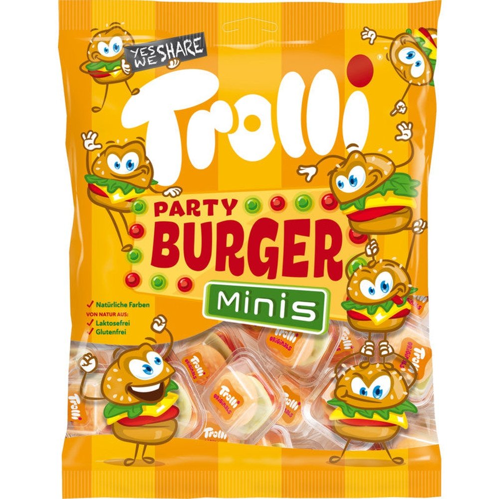 Un emballage orange sur fond blanc avec des personnages en hamburgers et en bas il y a une partie transparente où on voit des bonbons en formes de burgers dans des paquets transparents individuels