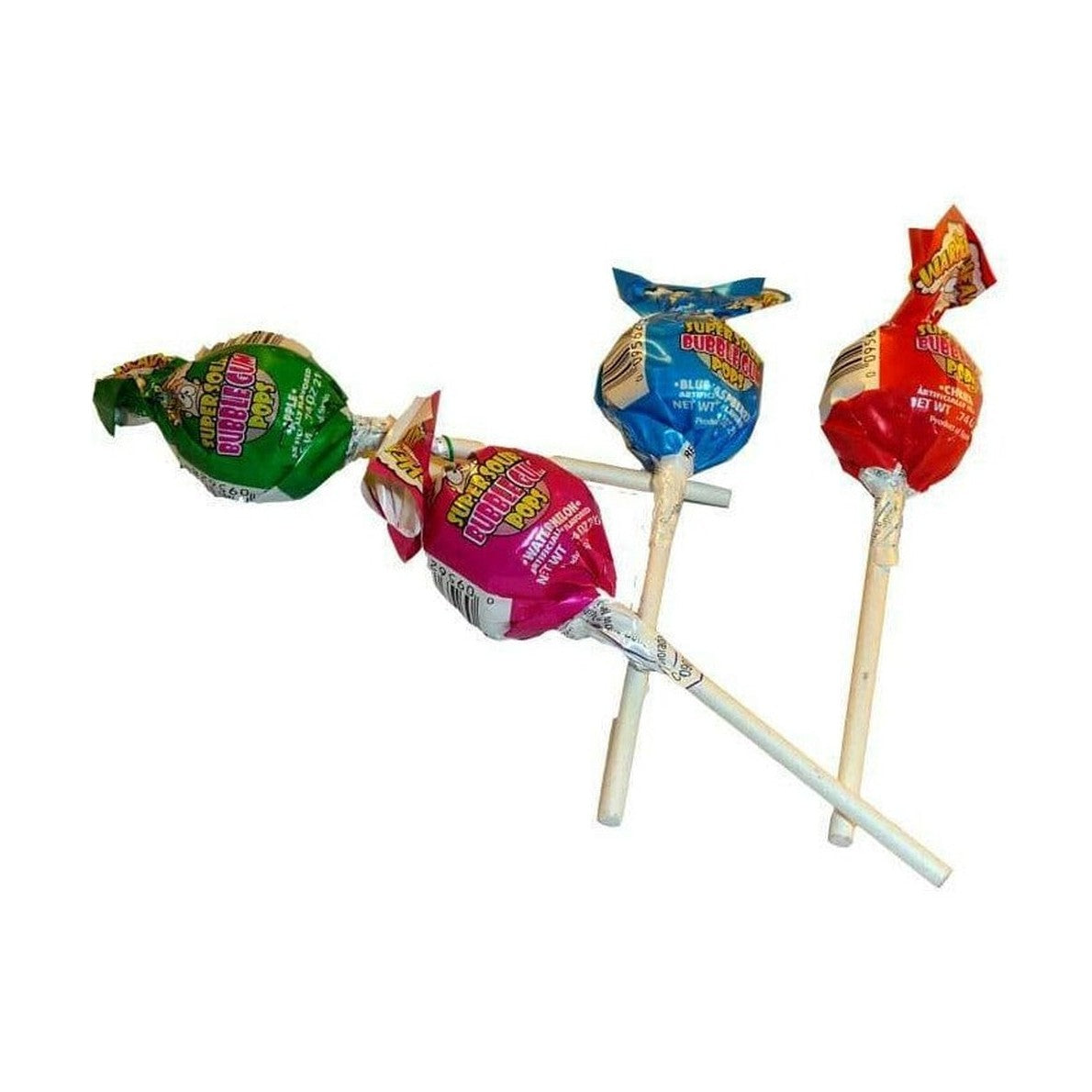 4 sucettes sur fond blanc avec des bâtonnets blancs et des emballages individuels de couleurs différentes ; vert, rose, bleu et rouge
