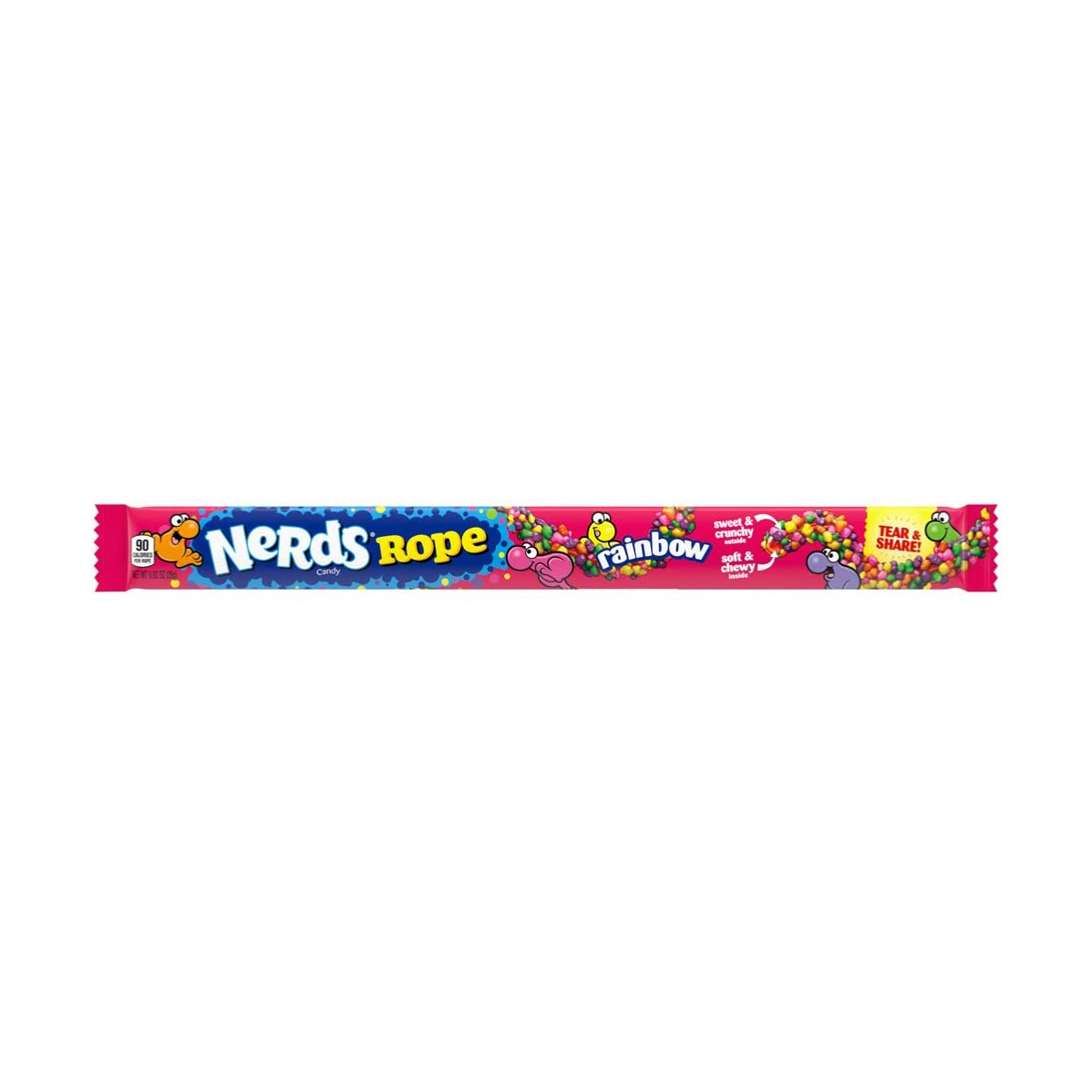 Un emballage rose long avec un bonbon de perle colorés long et des personnages rose, orange, jaune et mauve. Le tout sur fond blanc